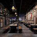 Industrial Style Restaurant Interior With Brick Walls Hanging Lights And Wooden Tables