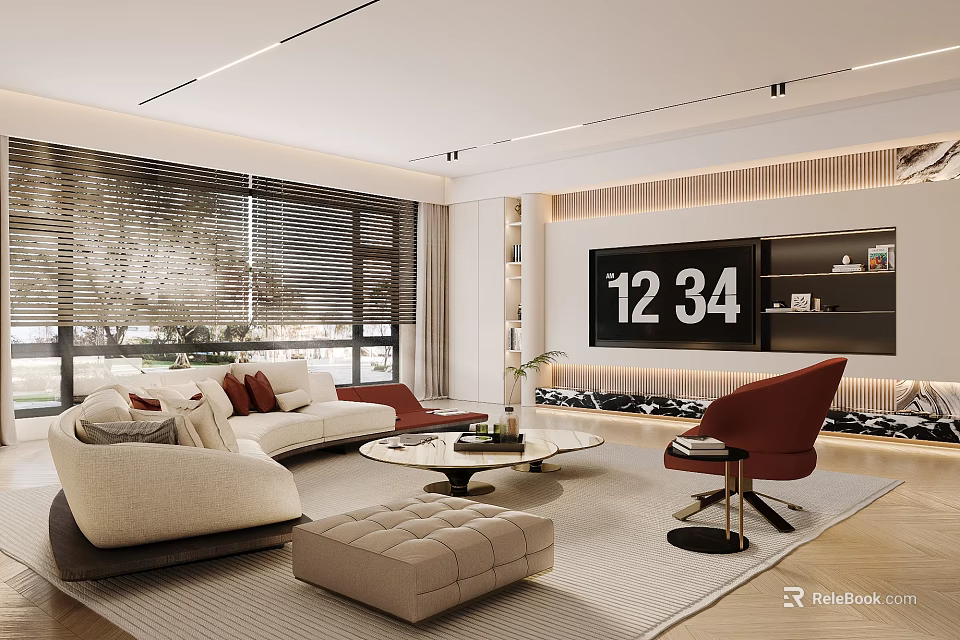 Modern Living Room Interior Featuring White Sofa Red Accent Chair Round Coffee Table TV Wall 3d model 