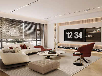 Modern Living Room Interior Featuring White Sofa Red Accent Chair Round Coffee Table TV Wall 3d model