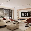Modern Living Room Interior Featuring White Sofa Red Accent Chair Round Coffee Table TV Wall
