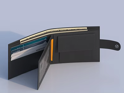 Open Black Wallet with Multiple Card Slots Cash and Strap Buckle Design 3d model