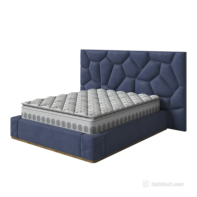 Double Bed With Blue Diamond Tufted Upholstered Headboard And Gray Mattress 3d model 