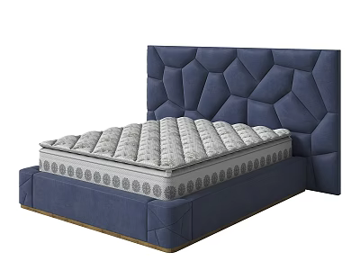 Double Bed With Blue Diamond Tufted Upholstered Headboard And Gray Mattress 3d model