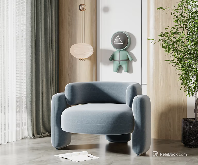 Modern Light Blue Single Sofa Living Room With Wall Decor Potted Plant And Wooden Accents 3d model 