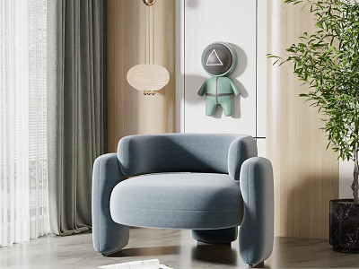 Modern Light Blue Single Sofa Living Room With Wall Decor Potted Plant And Wooden Accents 3d model