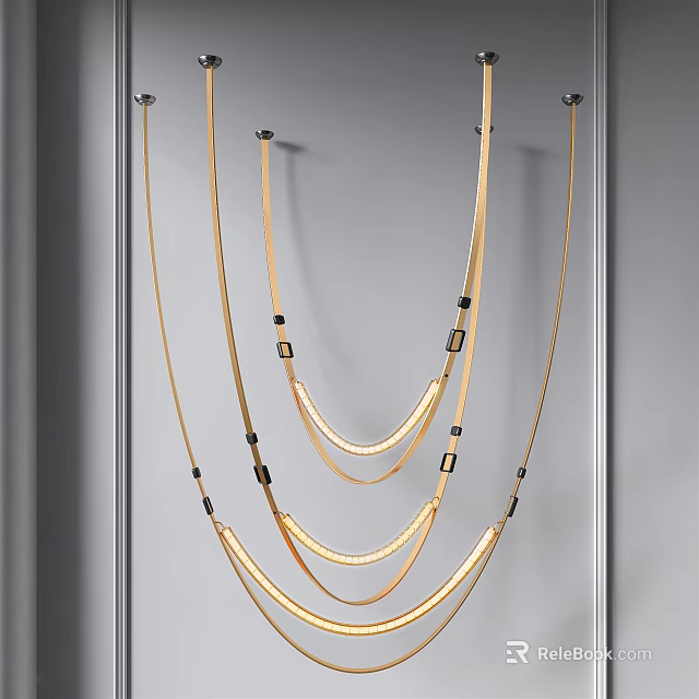Modern Gold Curved Chandelier With Multiple Hanging Strings And Black Accents 3d model 