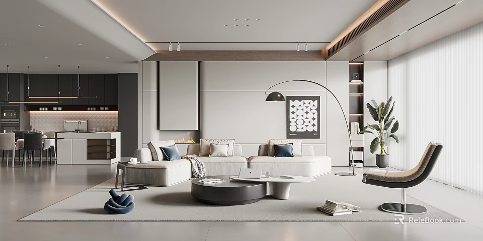 Modern Living Dining Room Interior With Sofa Coffee Table And Floor To Ceiling Windows 3d model 