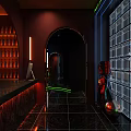Stylish Bar Interior With Chinese Character Decor Green Neon Lights And Circular Chandelier