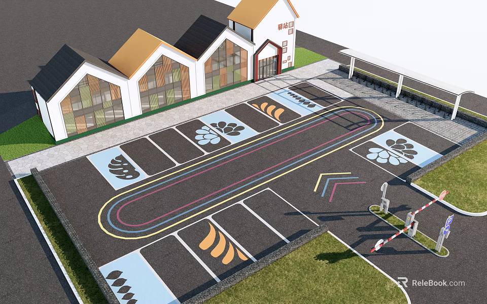 Eco friendly Parking Lot with Leaf Shaped Spaces Curved Driveway and Green Landscaping 3d model 