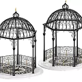 Black Iron Gazebo with Intricate Railings Dome and White Marble Base