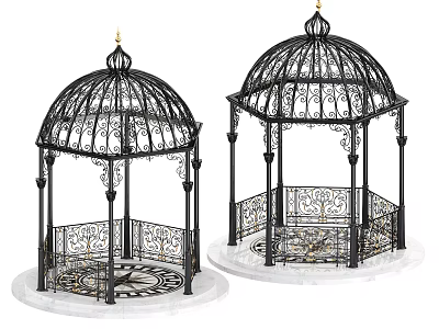 Black Iron Gazebo with Intricate Railings Dome and White Marble Base 3d model