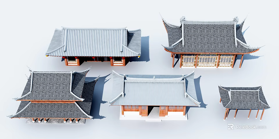 Ancient Architecture Models Featuring Various Tile Roofs And Traditional Eaves Designs 3d model 
