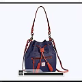 Navy Blue Bucket Bag With Red Braided Straps And Tassel Details