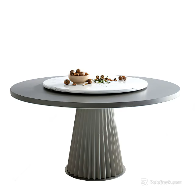 Round Gray Dining Table With White Lazy Susan Wooden Bowl Nuts Decorative Berries Fluted Pedestal 3d model 