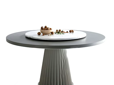 Round Gray Dining Table With White Lazy Susan Wooden Bowl Nuts Decorative Berries Fluted Pedestal 3d model