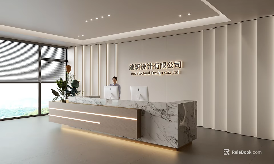 Modern Front Desk Reception With Marble Countertop In Architecture Design Company Office 3d model 