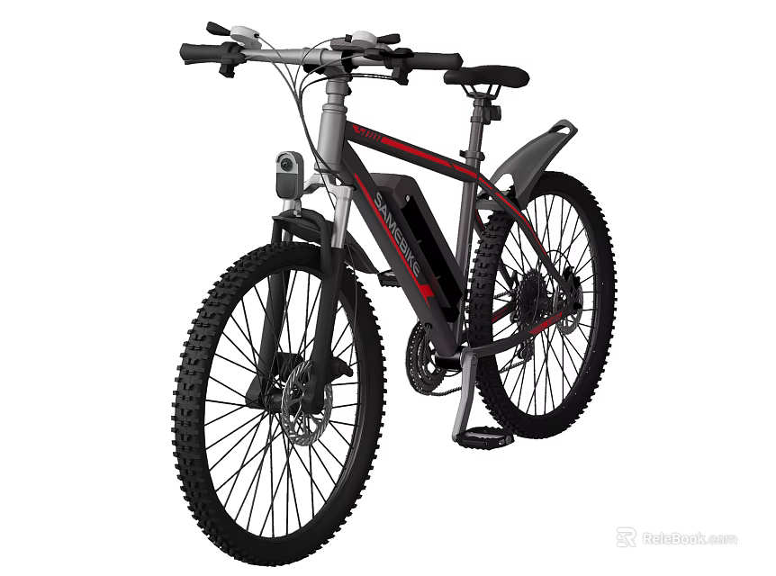 Electric Mountain Bicycle with Black Frame Red Accents and Thick Tires 3d model 