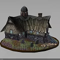 Enchanted Stone Wooden Cottage With Tiled Roof Small Tower Gravestones And Vintage Wheel