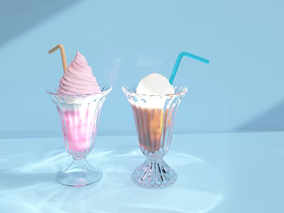 Two Glasses With Pink Brown Drinks Yellow Blue Straws Light Blue Background White Tabletop 3d model