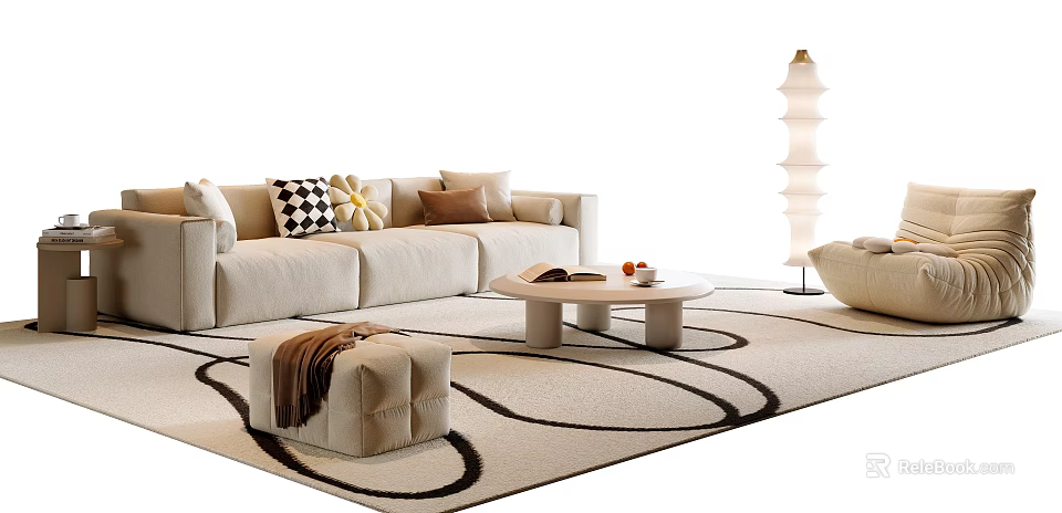 Modern Beige Sofa and Coffee Table Set With Plush Pillows Round Table Ottoman and Patterned Rug 3d model