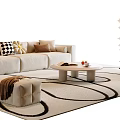 Modern Beige Sofa and Coffee Table Set With Plush Pillows Round Table Ottoman and Patterned Rug 3d model