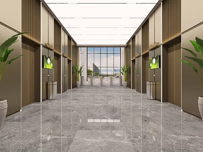 Modern Elevator Hallway Interior Design With Marble Floor Plants And Lighting 3d model