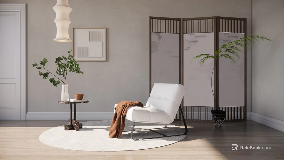 Modern Interior With White Accent Chair Brown Throw Blanket Round Table Screen And Green Plant 3d model 