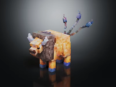 3D Blocky Minecraft Pixel Buffalo Character With Yellow Brown Body And Blue Purple Tail 3d model
