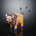 3D Blocky Minecraft Pixel Buffalo Character With Yellow Brown Body And Blue Purple Tail