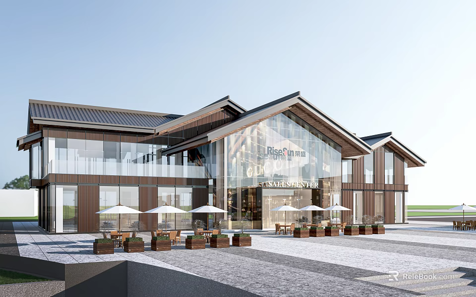 Modern Commercial Complex with Glass Facade Sloped Roof Outdoor Seating Area and White Umbrellas 3d model 