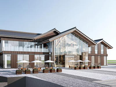 Modern Commercial Complex with Glass Facade Sloped Roof Outdoor Seating Area and White Umbrellas 3d model