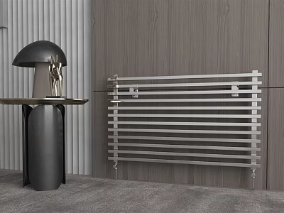 Modern Stainless Steel Radiator On Wooden Wall With Minimalist Side Table 3d model
