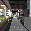 Modern Restaurant With Refrigerated Display Cases Neon Signs Hexagonal Floor Tiles And Dining Tables