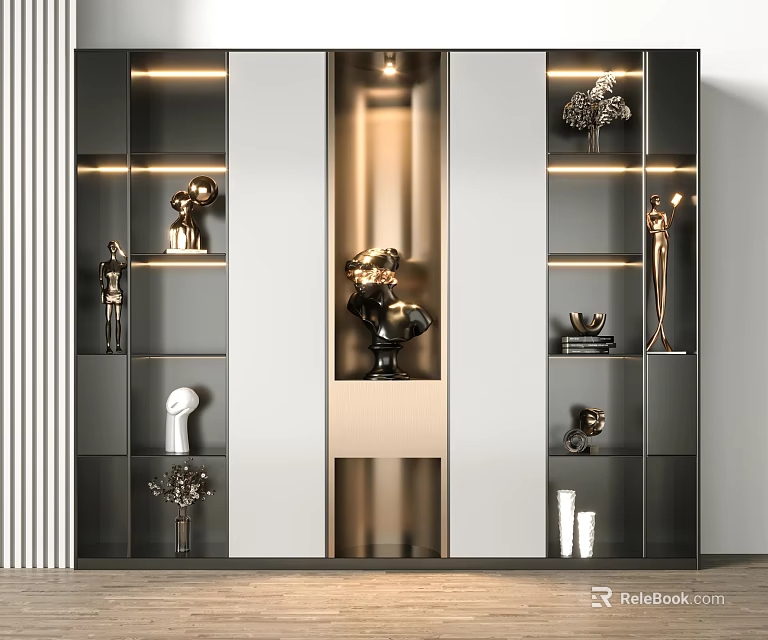 Modern Decorative Cabinet With Layered Shelves Built in Lighting And Art Sculptures 3d model 