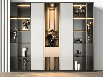 Modern Decorative Cabinet With Layered Shelves Built in Lighting And Art Sculptures 3d model