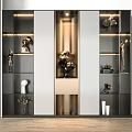 Modern Decorative Cabinet With Layered Shelves Built in Lighting And Art Sculptures