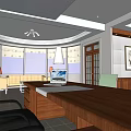 Traditional Office Interior With Wooden Desk Computer Monitor Laptop Green Chairs Calligraphy Decor And Sofa