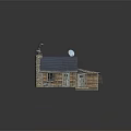 Log Cabin With Stone Chimneys Smoke Rising Blue Tiled Roof And Wooden Porch With Columns