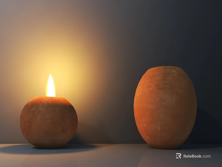 Lit and Unlit Brown Oval Shaped Candle Lamps on Dark Background Surface 3d model 