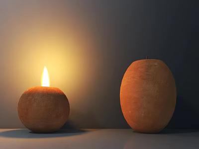 Lit and Unlit Brown Oval Shaped Candle Lamps on Dark Background Surface 3d model