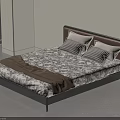 Modern Double Bed With Brown Leather Headboard Patterned Bedding Checkered Pillows And Metal Frame 3d model