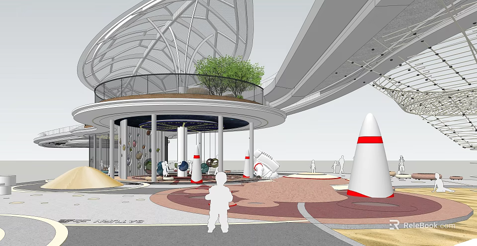 Modern Urban Plaza Landscape With Curved Roof Glass Railing Green Plants And Cone Structures 3d model 