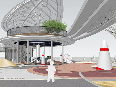 Modern Urban Plaza Landscape With Curved Roof Glass Railing Green Plants And Cone Structures 3d model