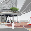 Modern Urban Plaza Landscape With Curved Roof Glass Railing Green Plants And Cone Structures