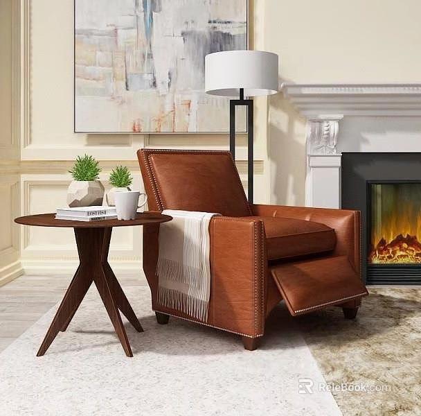 Brown Leather Recliner Single Sofa With Wooden Side Table Books Potted Plant Fireplace Floor Lamp 3d model 