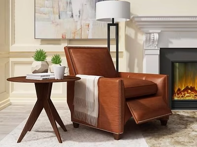 Brown Leather Recliner Single Sofa With Wooden Side Table Books Potted Plant Fireplace Floor Lamp 3d model