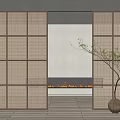 Rattan Sliding Doors In Modern Interior With Fireplace And Potted Plant