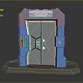 Sci-Fi Door Structure With Gray And Blue Metallic Finish Symmetrical Design And Pedestal Base