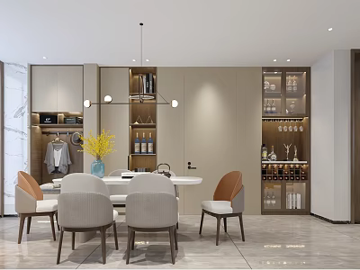 Modern Light Luxury Dining And Living Space With Custom Wine Cabinets And Elegant Dining Chairs 3d model