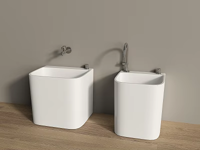 Bathroom Accessories Featuring Two White Square Washbasins on Wooden Countertop with Faucets and Gray Wall 3d model